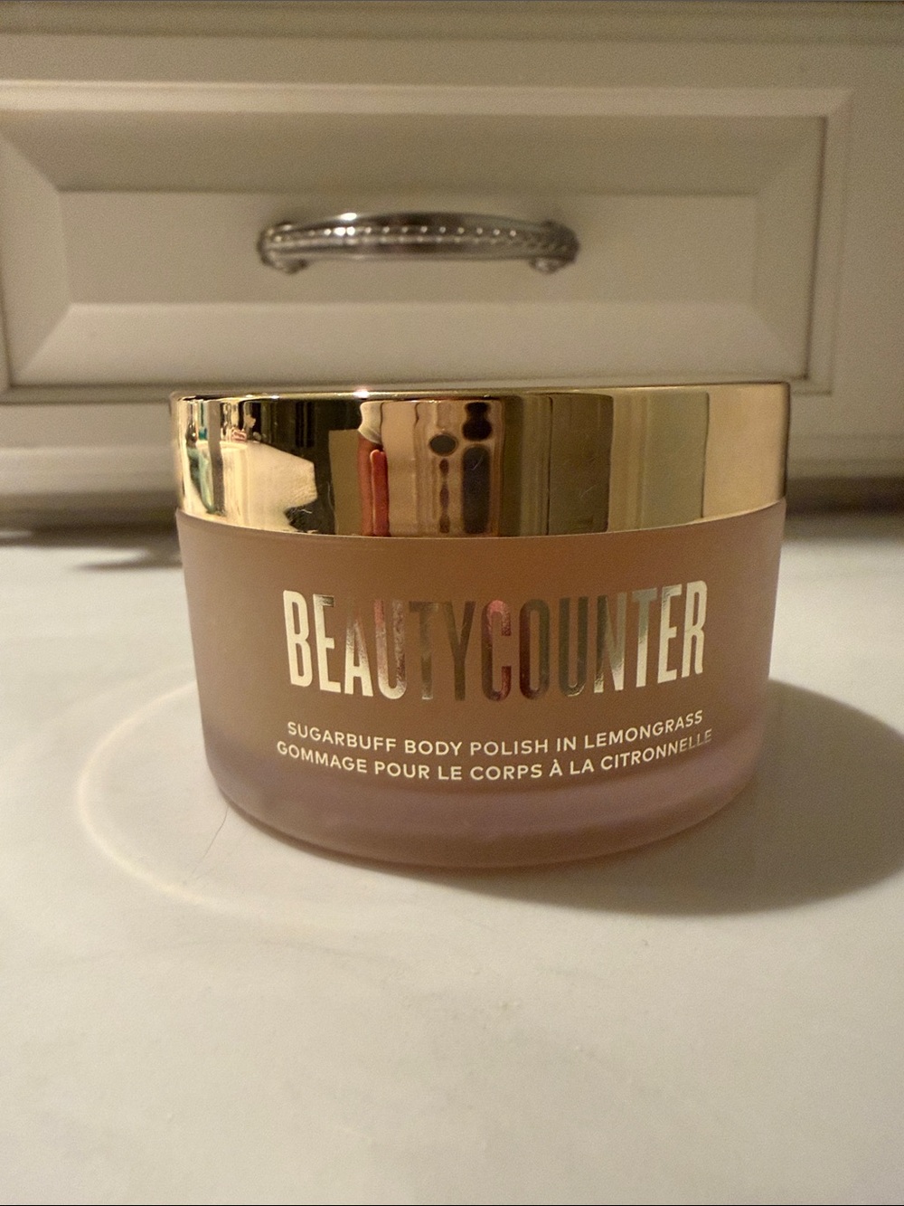 Beautycounter Sugarbuff Body Polish in Lemongrass - Gold and Frosted Pink Jar